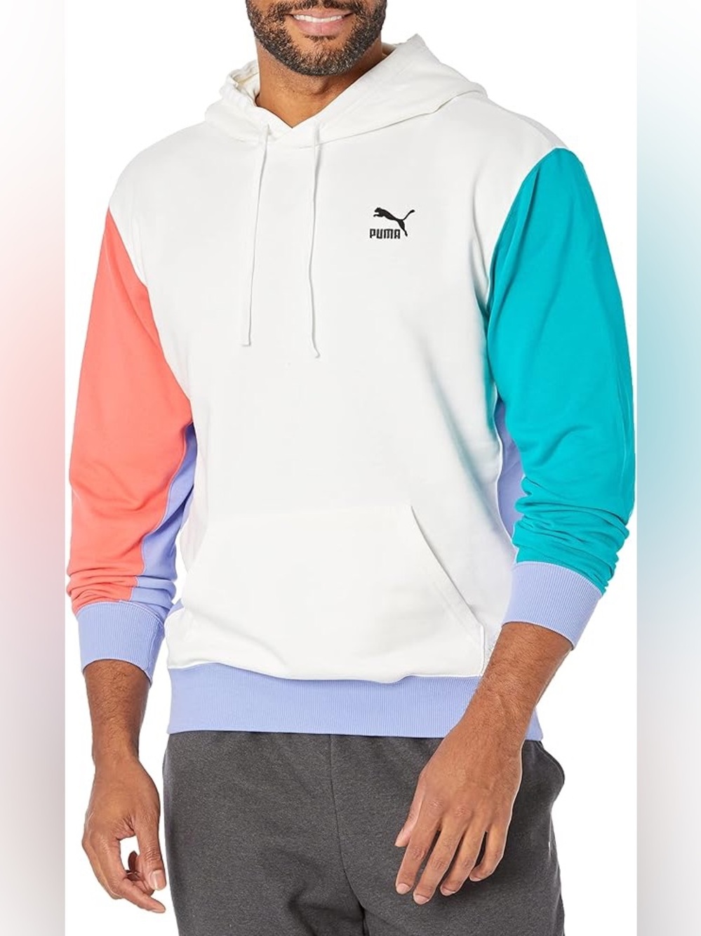 Puma White Retro Hoodie with Coral, Purple & Teal Colorblock Sleeves
